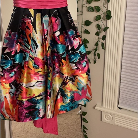 Silk summer dress, rainbow, pink waist ribbon, low back zipper, low chest cut - Picture 5 of 7